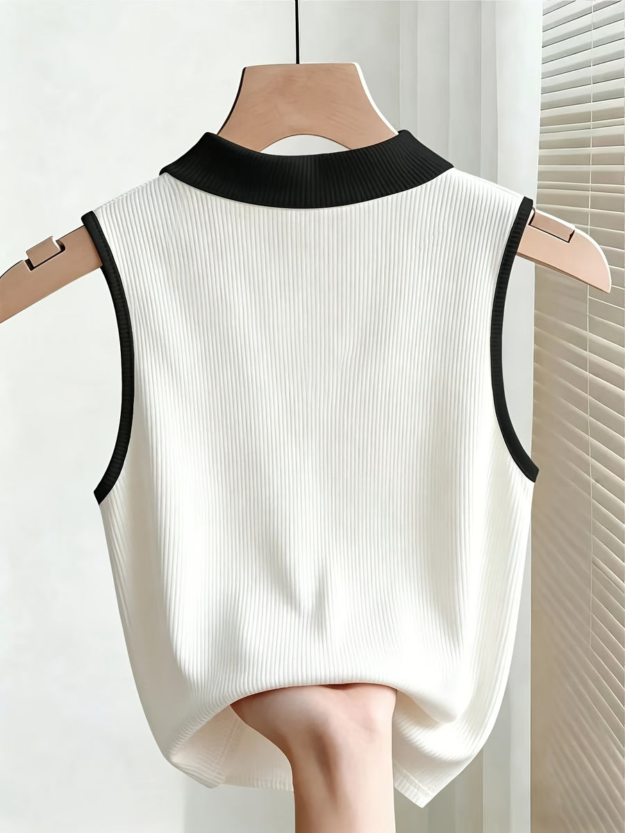Women'S Summer New Color-Block Lapel Sleeveless Vest, Color-Blocked V-Neck Pearl Button Fitted Inner Top - White