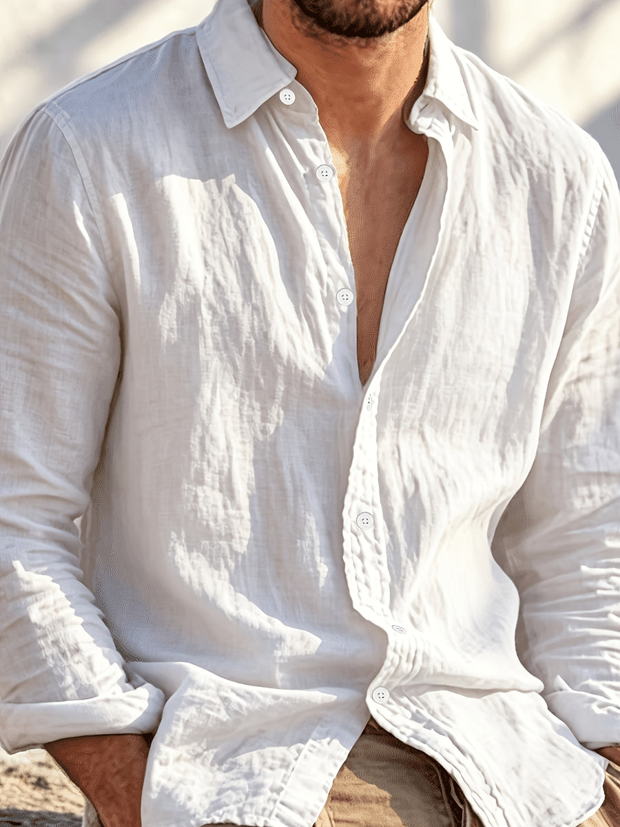 Single Piece Summer Men's Cotton and Cotton And Linen Blend Long Sleeved Shirt, 26 Year Fashionable and Simple Style, Loose Fit, Button up Cardigan Versatile Design, Soft and Breathable Fabric, Preferred for Daily Leisure Commuting - White