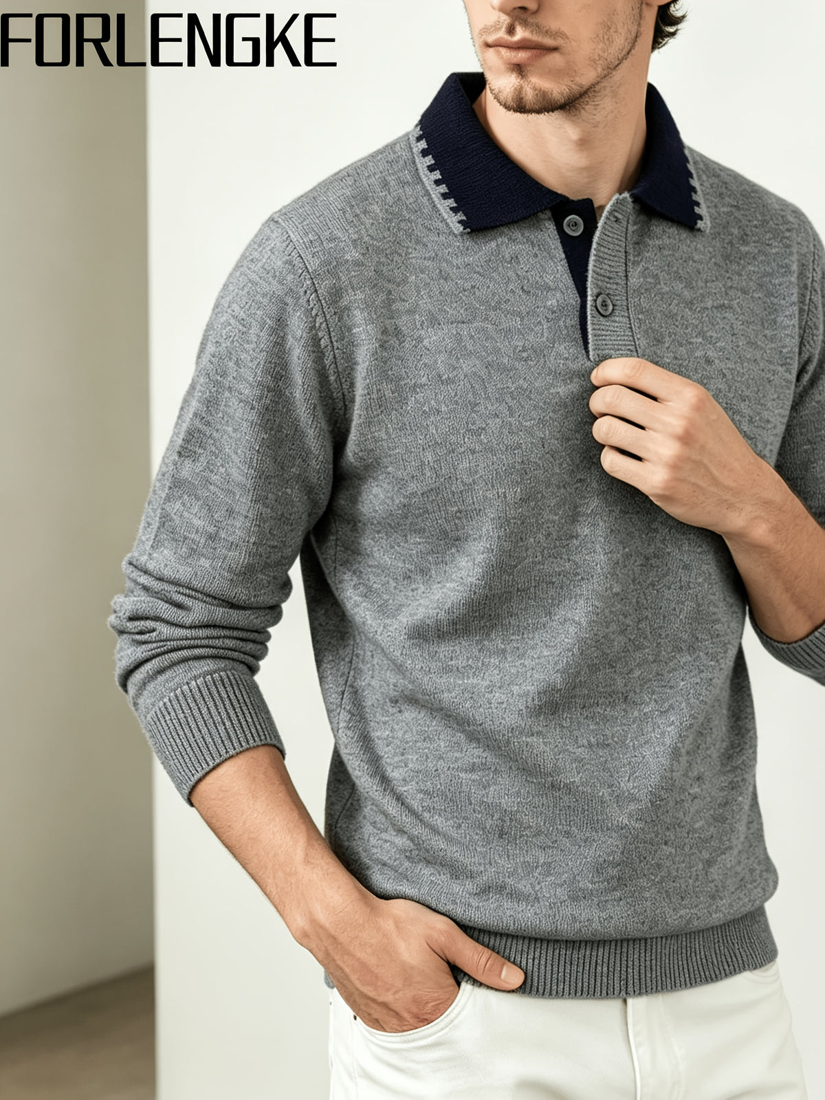FORLENGKE Fall/Winter Men's Color-Block Collar Polo Knit Sweater with Textured Fabric, Turn- Collar Pullover Top, Casual and Versatile Knitwear for Men, Suitable for Work, Parties, and Various Occasions, Can Be Worn Inside or Out, Basic Top - Grey
