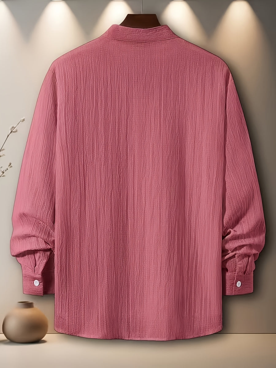 [Qiaoximei OBM] Men'S Clothing New Stand-Collar Solid Color Long Sleeve Shirt, Easy Stand-Collar Design, Spring Autumn Winter High-Quality Men'S Long Sleeve Button-Up Shirt - Suitable for Outdoor Leisure Vacation Travel Formal - Lotus Color