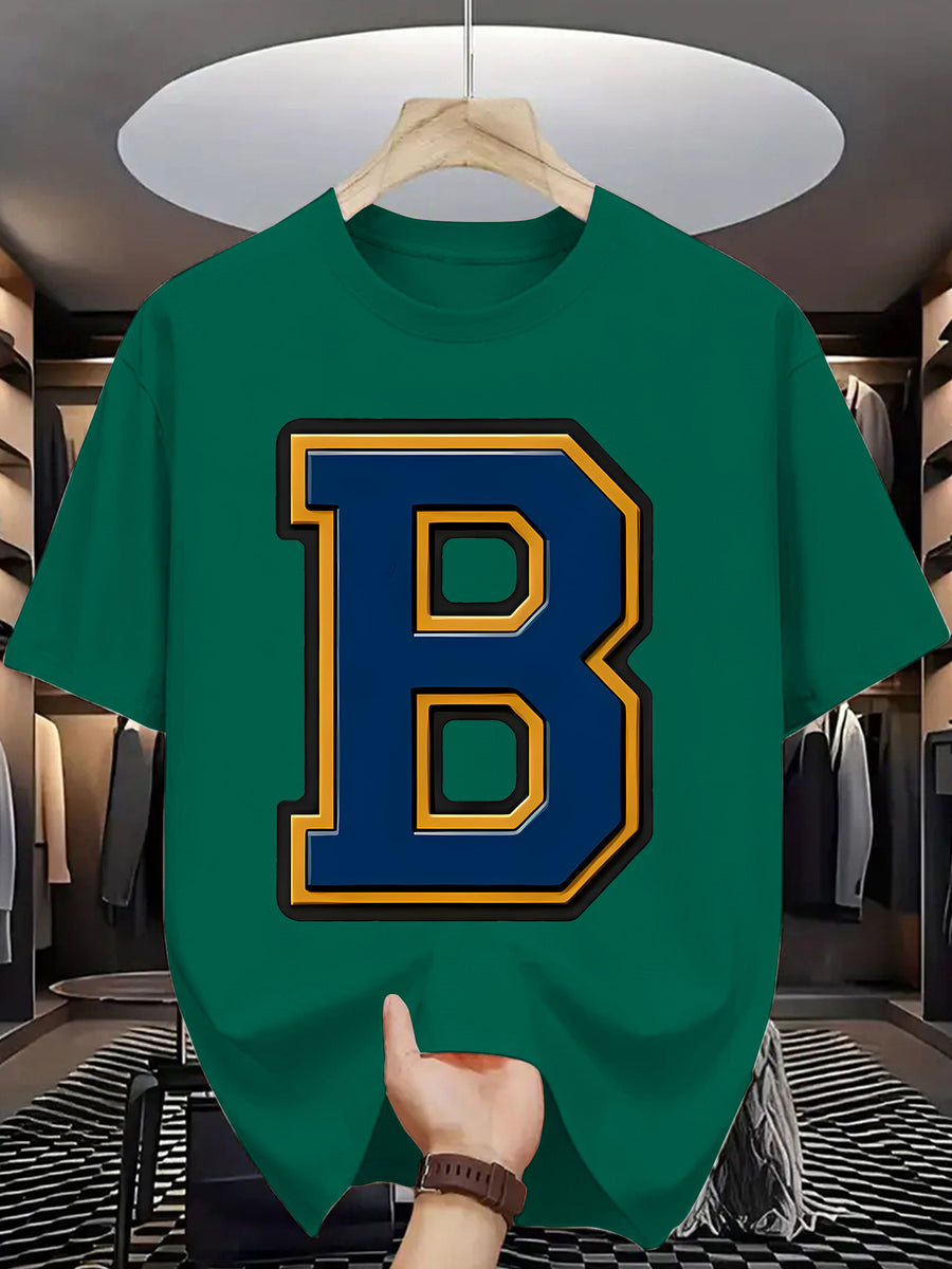 Men'S Summer Casual T-Shirt with Bold "B" Letter Print - Lightweight Polyester, Round Neck, Short Sleeve, Regular Fit, Perfect for Casual Attire, Everyday Tshirt | Trendy Casualwear | Durable Fabric - Dark Green
