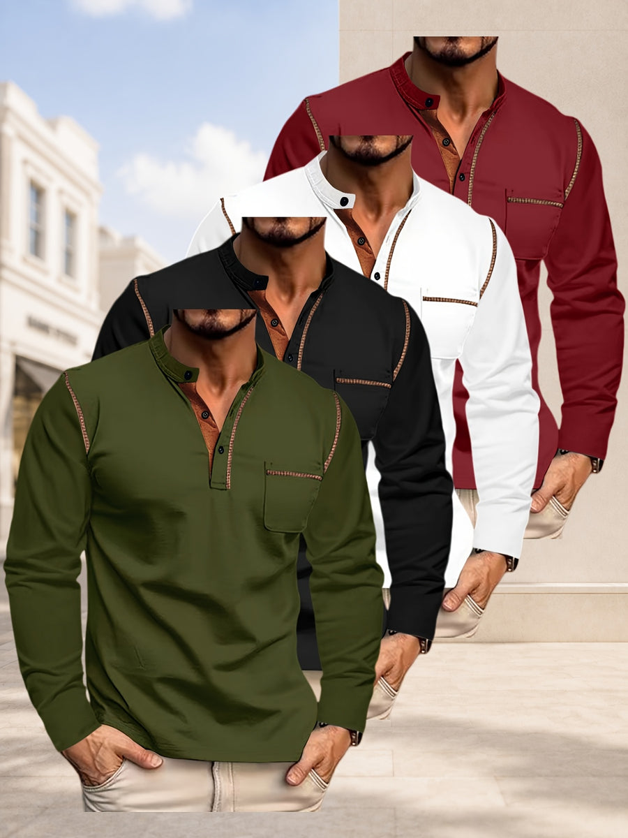 [JOSHIMAI OBM] 4pcs Men'S Long Sleeve Henley Shirts, Soft Comfortable Skin-Friendly Fabric, Lightweight Breathable Easy Care Stand Collar 3-Button Placket with Chest Pocket Detail, Solid Color Casual Top, Versatile for Office Commute - Army Green + Black + White + Burgundy
