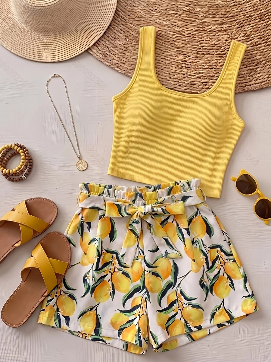 Summer Vacation Style Bright Orange Camisole + Tie-Side Shorts 2pcs Set - Yellow suspender top + Yellow floral shorts