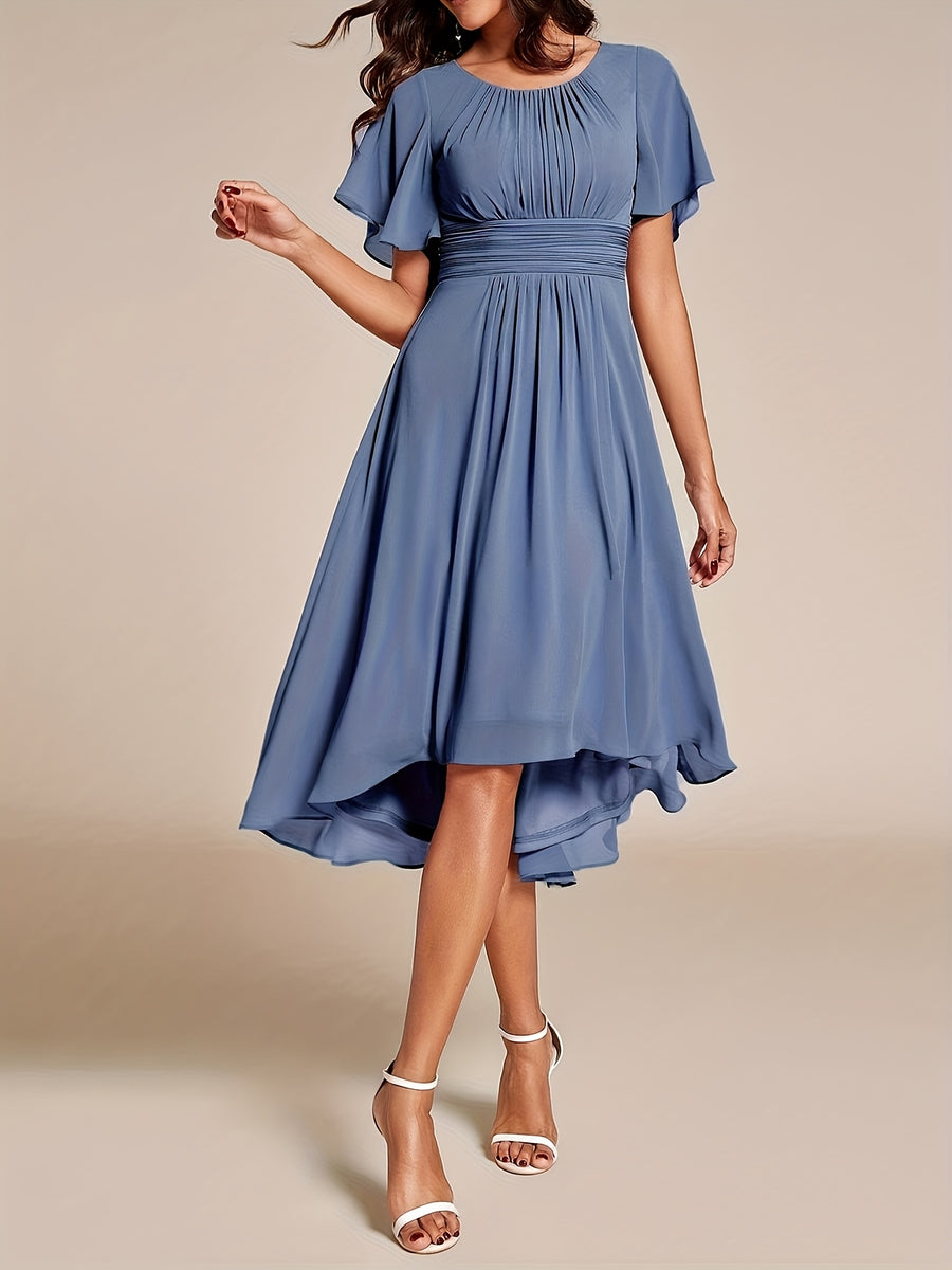 Elegant Pleated Sleeve Formal Bridesmaid Dress Formal Wedding Guest Dress - Blue