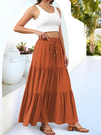 Pleated High-Waist Belt Pocket Long Skirt, A-Line Flowy Layered Beach Half Skirt - Orange-Red