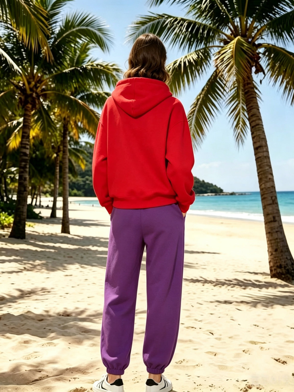 Lazy Style Loose Sweatshirt and Sweatpants Set, Long Sleeve Hooded Top and Jogger Pants, Daily Running Sportswear - Red hoodie + purple pants