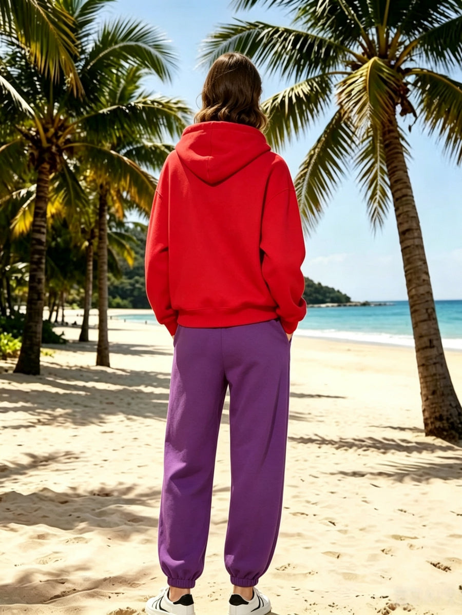 Lazy Style Loose Sweatshirt and Sweatpants Set, Long Sleeve Hooded Top and Jogger Pants, Daily Running Sportswear - Red hoodie + purple pants