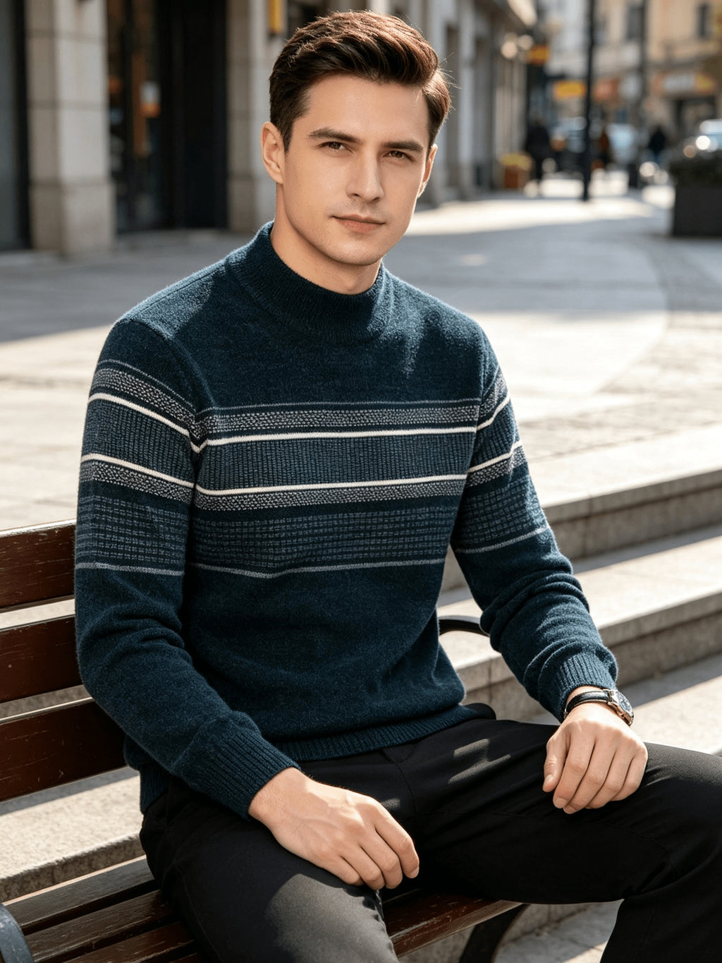 Winter New Men'S Fleece Thickened Semi-High Neck Jacquard Sweater Warm Comfortable All-In-One Plush Men'S Top Winter Cold-Proof - Ha Qing