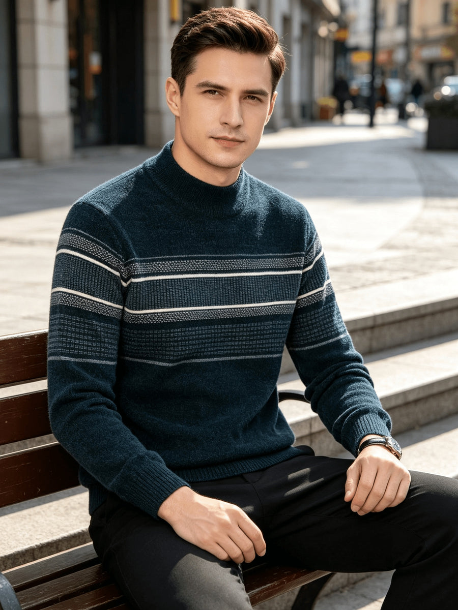 Winter New Men'S Fleece Thickened Semi-High Neck Jacquard Sweater Warm Comfortable All-In-One Plush Men'S Top Winter Cold-Proof - Ha Qing