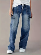 Elastic Multi-Pocket Drawstring Jeans - Sea Blue