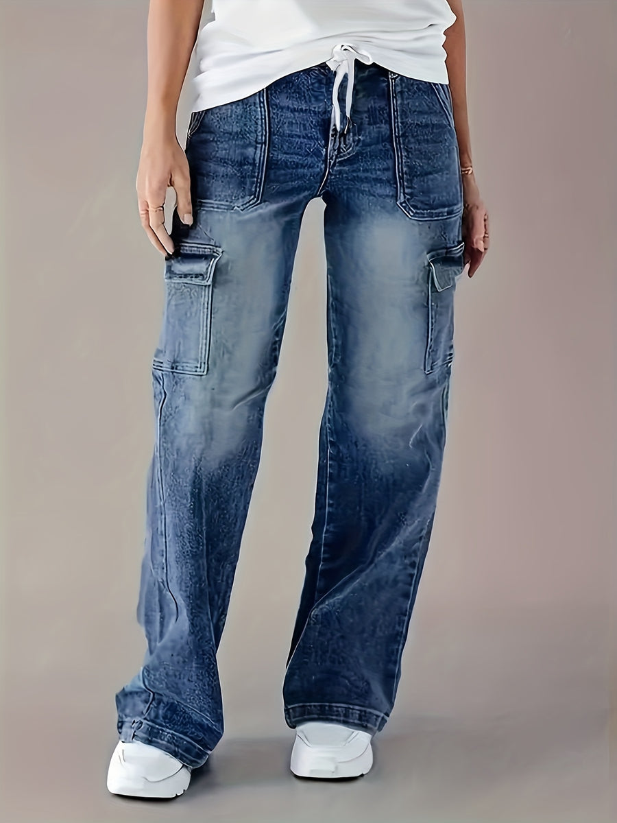 Elastic Multi-Pocket Drawstring Jeans - Sea Blue