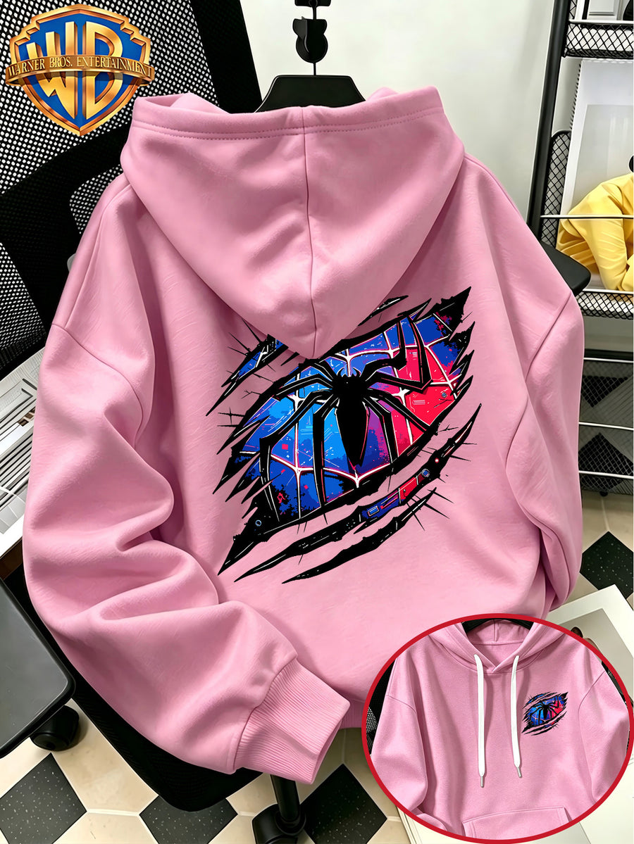 Warner Bros Official Autumn/Winter Casual Sporty Loose Hooded Sweatshirt, Red and Blue Ripped Claw Mark Spiderweb Trendy Cool Vintage Print, Men's Casual Versatile Adjustable Drawstring Sweatshirt, Comfortable and Casual Autumn/Winter Apparel - Pink Color
