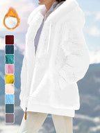 Ladies Autumn Winter Relaxed Cut Plush Hooded Outercoat, Contrast Color Trim Zip Front Warm Lined Jacket, Ribbed Cuff Windproof Casual Outerwear for Daily Commuting and Cold Season Everyday Styling - White