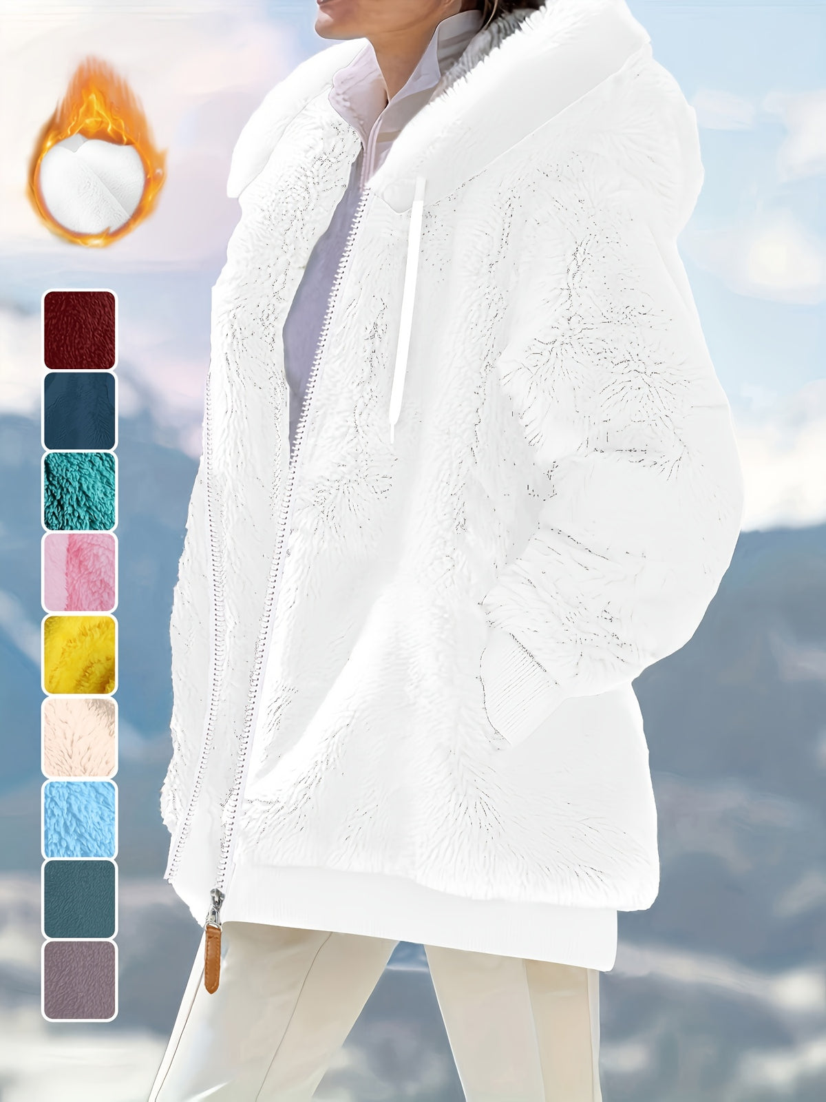 Ladies Autumn Winter Relaxed Cut Plush Hooded Outercoat, Contrast Color Trim Zip Front Warm Lined Jacket, Ribbed Cuff Windproof Casual Outerwear for Daily Commuting and Cold Season Everyday Styling - White