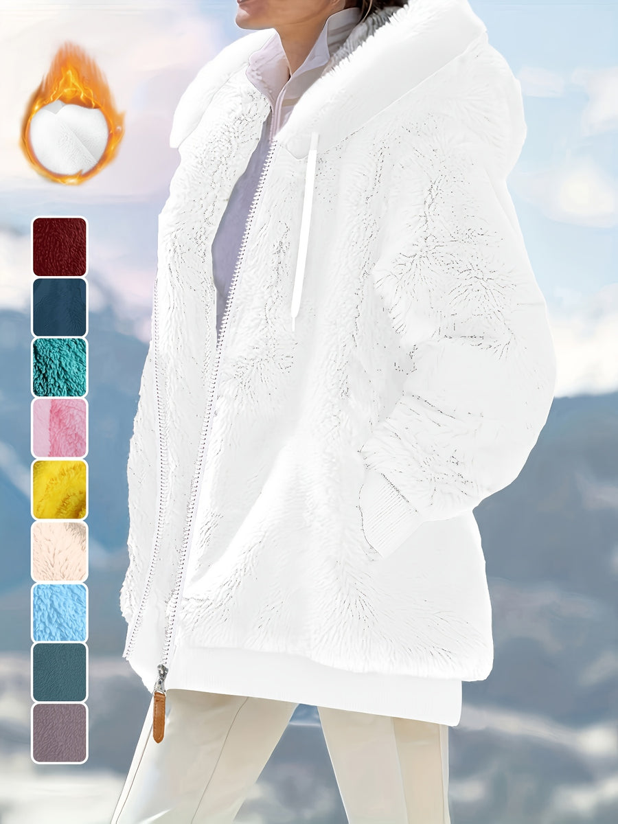 Ladies Autumn Winter Relaxed Cut Plush Hooded Outercoat, Contrast Color Trim Zip Front Warm Lined Jacket, Ribbed Cuff Windproof Casual Outerwear for Daily Commuting and Cold Season Everyday Styling - White