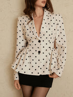 Polka Dot Printed Suit Jacket, Waist-Cinching Puff Sleeve Lapel Long Sleeve Temperament Women'S Suit Coat - Multicolor