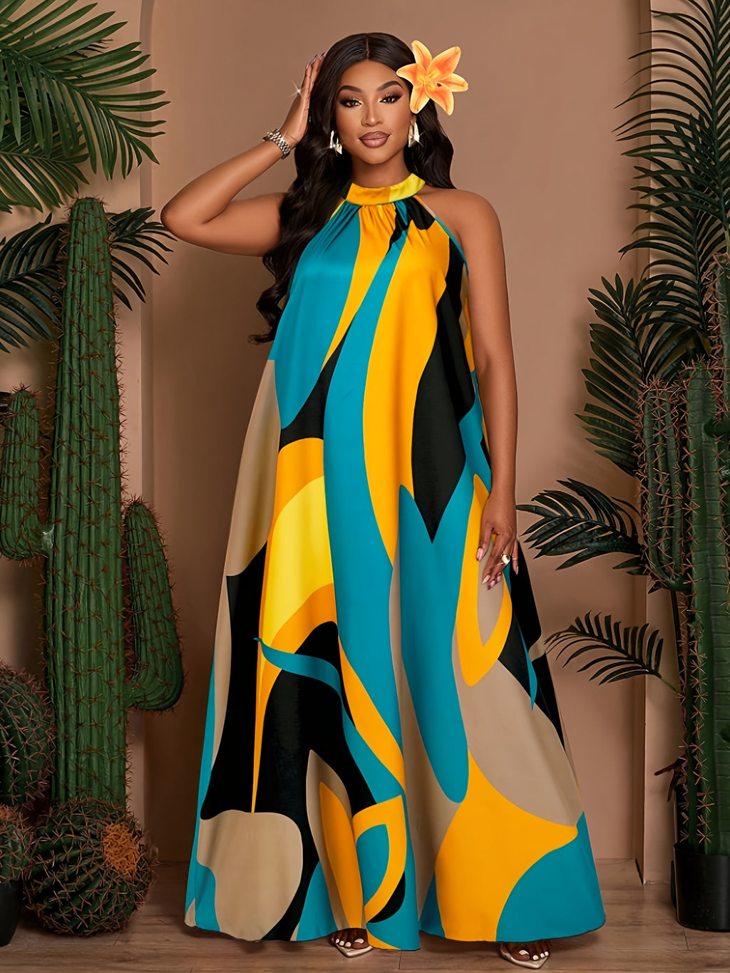 Women's Spring/Summer Elegant Loose-Fit Casual Printed Sleeveless Dress with Back Tie - Sky Blue