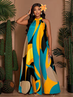 Women's Spring/Summer Elegant Loose-Fit Casual Printed Sleeveless Dress with Back Tie - Sky Blue