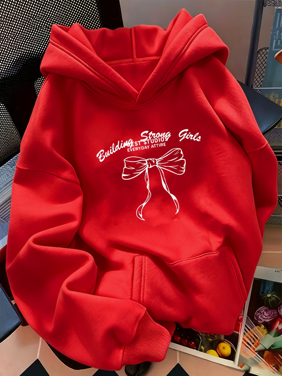 Women's Oversized Hooded Sweatshirt with Bow & Letter ' Print - Cozy Loose-Fit Sweater, Medium-Stretch Fabric, Machine Washable, Spring/Autumn Casual Wear (Year-Round) - Bow & Letter ' Design for Layering, Loose Sweater - Red