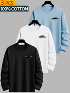 Set of 3 - Men'S 100% T-Shirts with Letter Design, Essential Long Sleeve Tee for Casual Outings, Breathable Top for Spring And Autumn - Combination Color 1