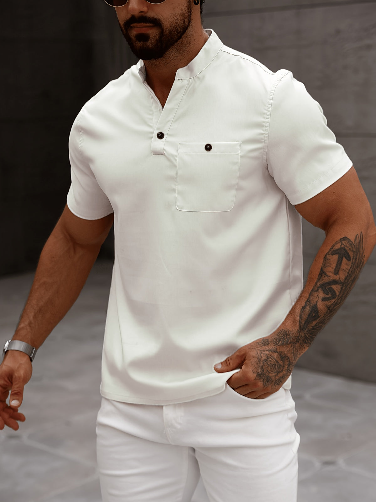 -Border Trade Men'S Fashion Summer Casual Short-Sleeved Henley Shirt by Pearson Selected - White