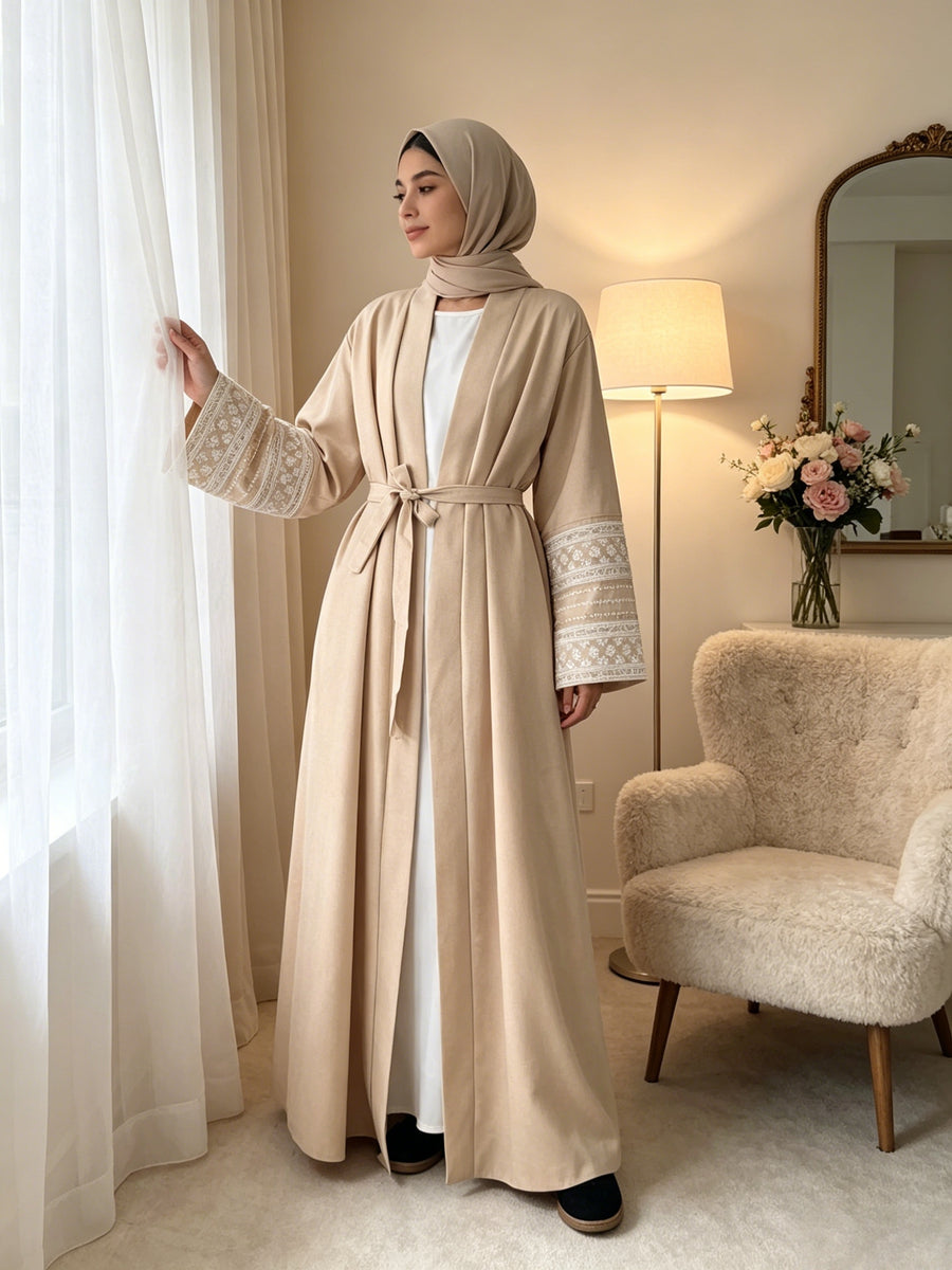 1pc Solid Elegant Casual () Double-Tone Jersey Breathable Supportive Good Fit, Exquisite Embroidery Craft Fashion Abaya Spring Summer Autumn for Women'S Daily Wear - Off-white