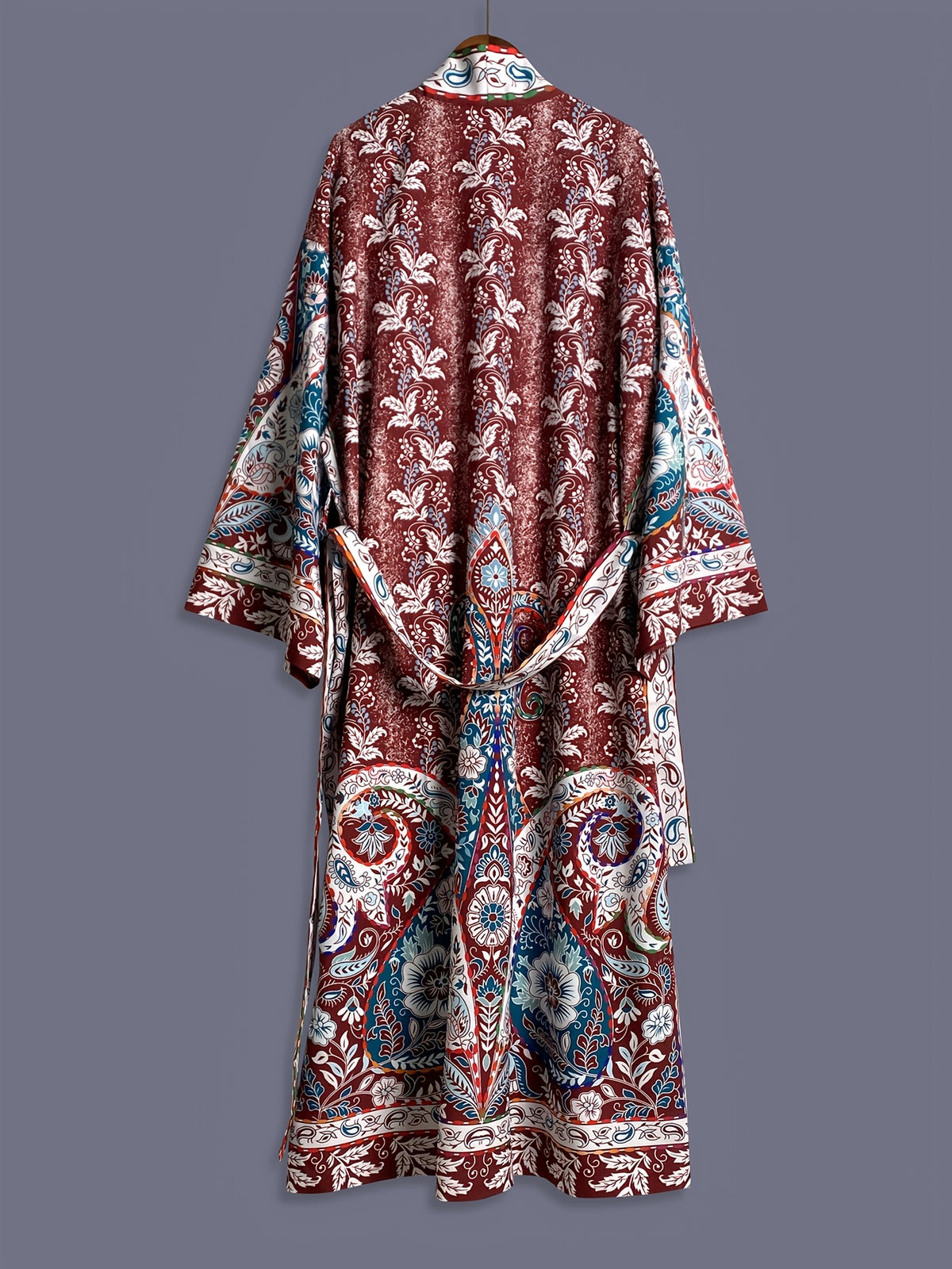 Ethnic Vintage Paisley Floral Print Midi-Length Long Sleeve Kimono Cardigan for Women, Elegant Party Streetwear Casual Cover-Up, Loose Outerwear for Beach, Sand, Travel, Resort Wear, Thin Cape, Home Bathrobe with Belt, Bath Kimono, Group Party - Dark Brown