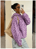 Women's Fashion Leopard Print Hoodie Sweatshirt - Dark Violet