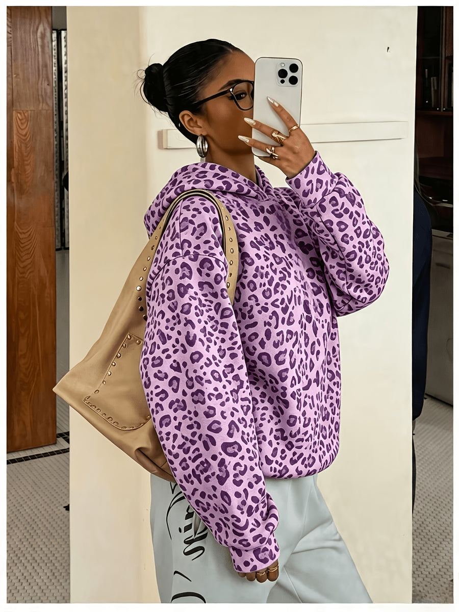Women's Fashion Leopard Print Hoodie Sweatshirt - Dark Violet