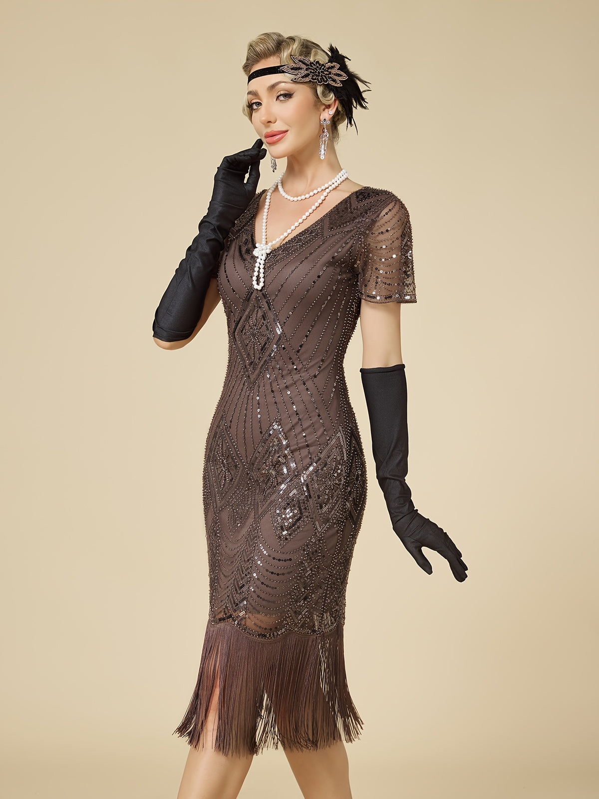 1920S Vintage Sequin Skirt Gatsby Ball Fringe Dress Party Evening Dance Dress Sequined Gown (Dress Solely, No Gloves) - Coffee Color
