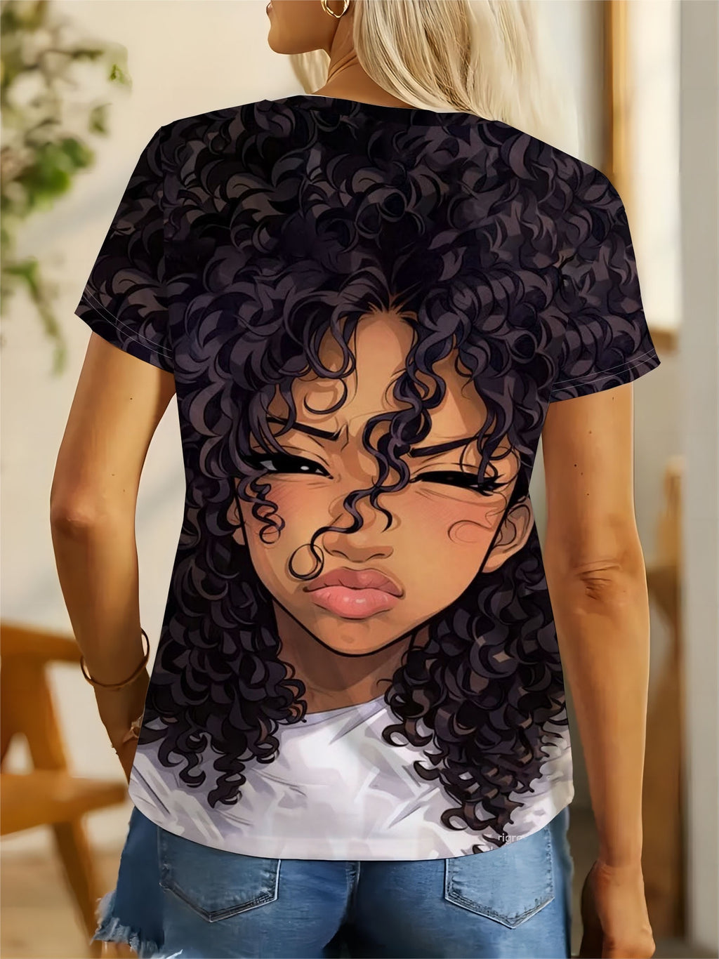 Women'S Cool Curly Hair Short Sleeve T-Shirt | Full Print Anime Portrait Personalized Print And Trendy Street Style Design Loose Breathable Casual Top Women'S T-Shirt - Multicolor