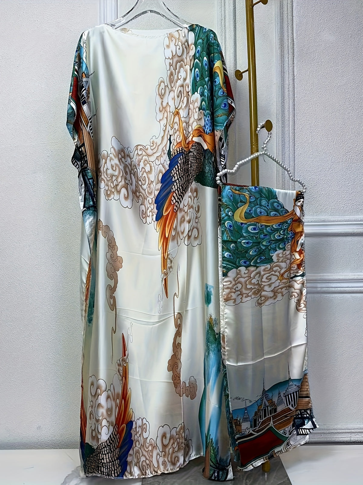 Graphic Print Boat Neck Abaya, Elegant Short Batwing Sleeve Loose Dress with Scarf for Spring And Summer, Women'S Clothing - Milky