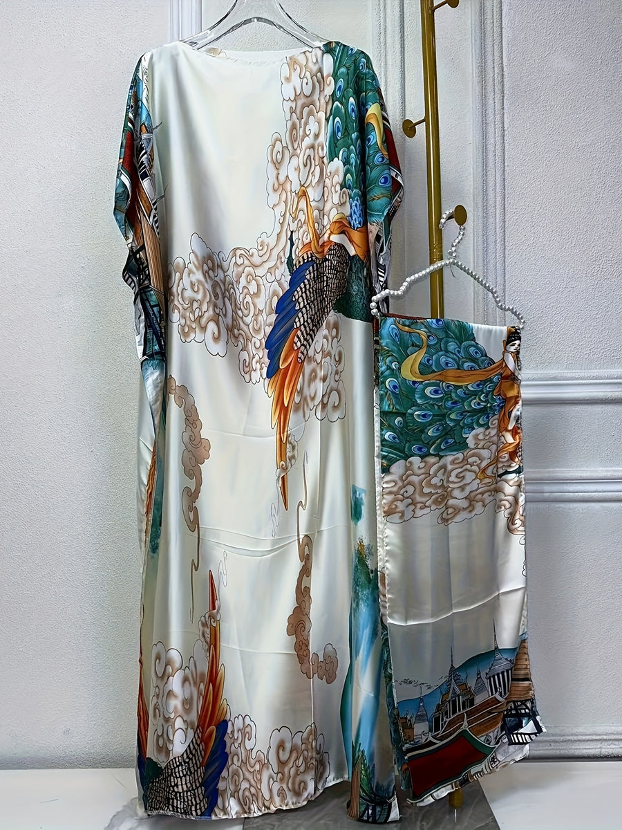 Graphic Print Boat Neck Abaya, Elegant Short Batwing Sleeve Loose Dress with Scarf for Spring And Summer, Women'S Clothing - Milky