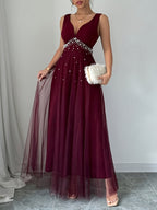 Elegant Women's Heart-Neckline Pearl Spandex Mesh Banquet Flared Long Dress, Elegant Party Dress for Spring/Summer, Suitable for Parties, Dinners, and Weddings, High-Quality Evening Gown, Modern, Elegant, and Chic Women's Long Party Dress - Deep Red