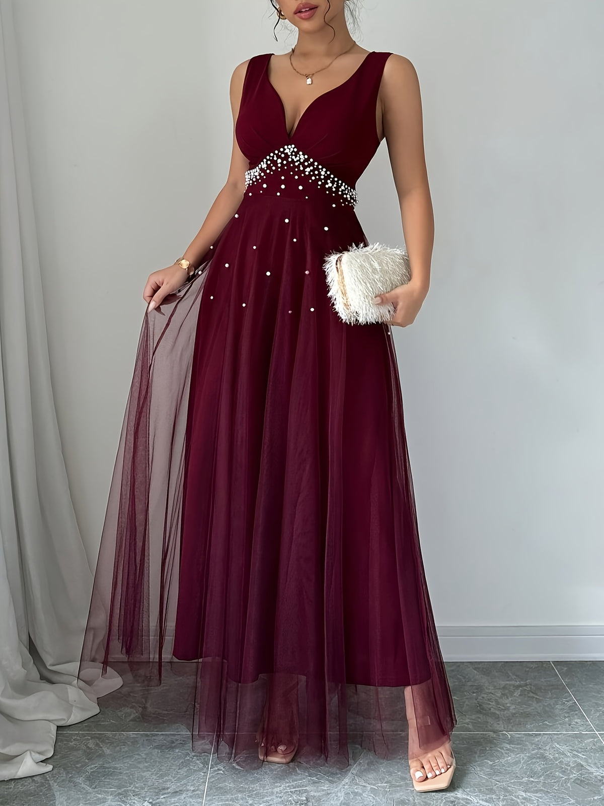 Elegant Women's Heart-Neckline Pearl Spandex Mesh Banquet Flared Long Dress, Elegant Party Dress for Spring/Summer, Suitable for Parties, Dinners, and Weddings, High-Quality Evening Gown, Modern, Elegant, and Chic Women's Long Party Dress - Deep Red