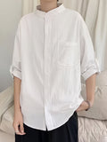 New Loose-fitting Chinese-style Stand-up Collar Men's Shirt, Comfortable and Breathable Linen Men's Mid-length Sleeve Shirt, Simple and Versatile Men's Casual Shirt. - White