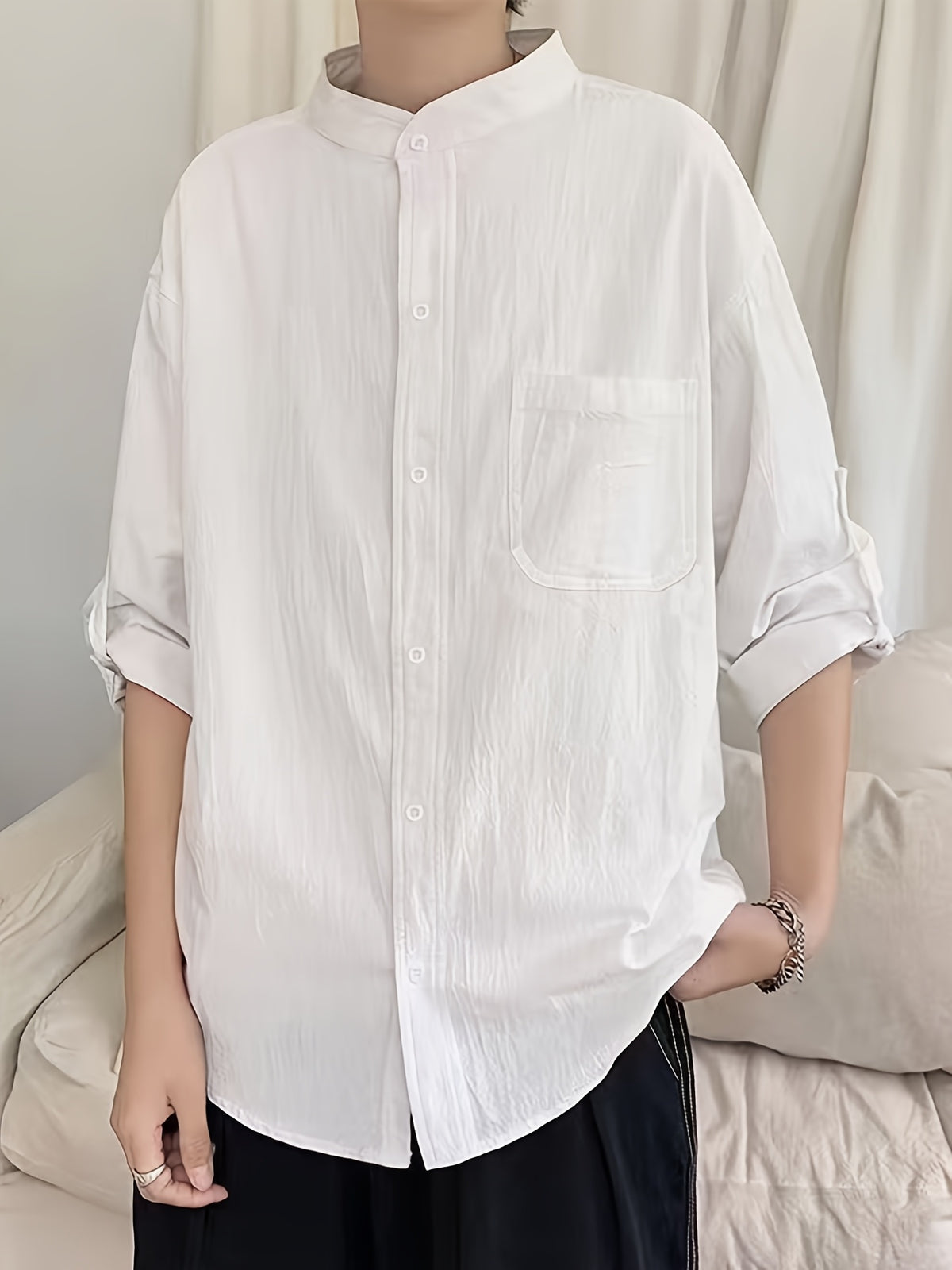 New Loose-fitting Chinese-style Stand-up Collar Men's Shirt, Comfortable and Breathable Linen Men's Mid-length Sleeve Shirt, Simple and Versatile Men's Casual Shirt. - White