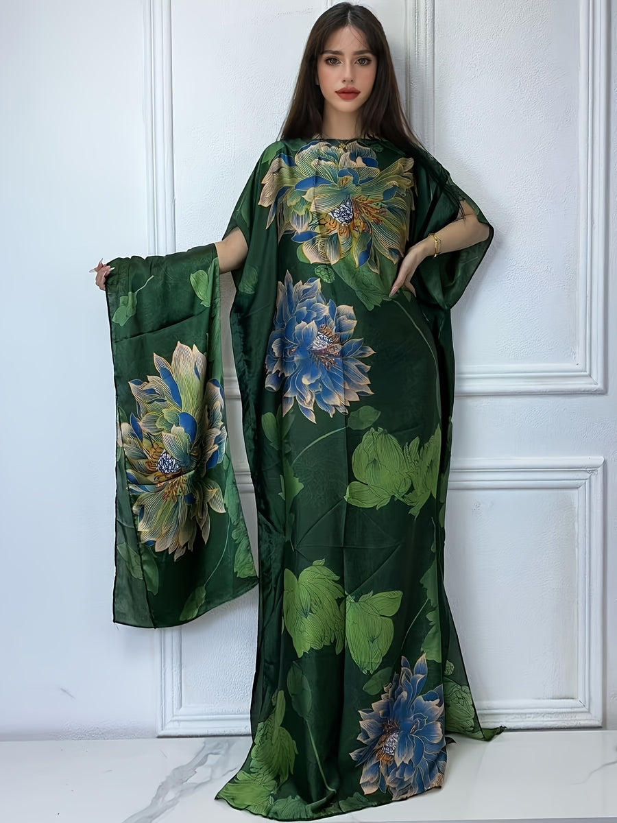 WINYI Leopard Print Boat Neck Abaya, Elegant Short Batwing Sleeve Loose Dress for Women'S Clothing - Green