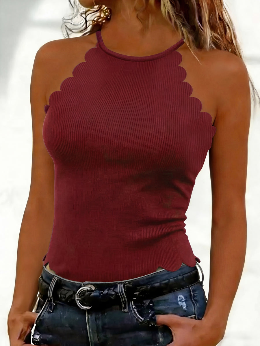 Solid Color Off-The-Shoulder Petal Trim Sleeveless Top, Western Style Women'S Easy Spicy Outfit, Spring Summer Niche Cool Outer Layer Base Layer Off-Shoulder Vest - Red