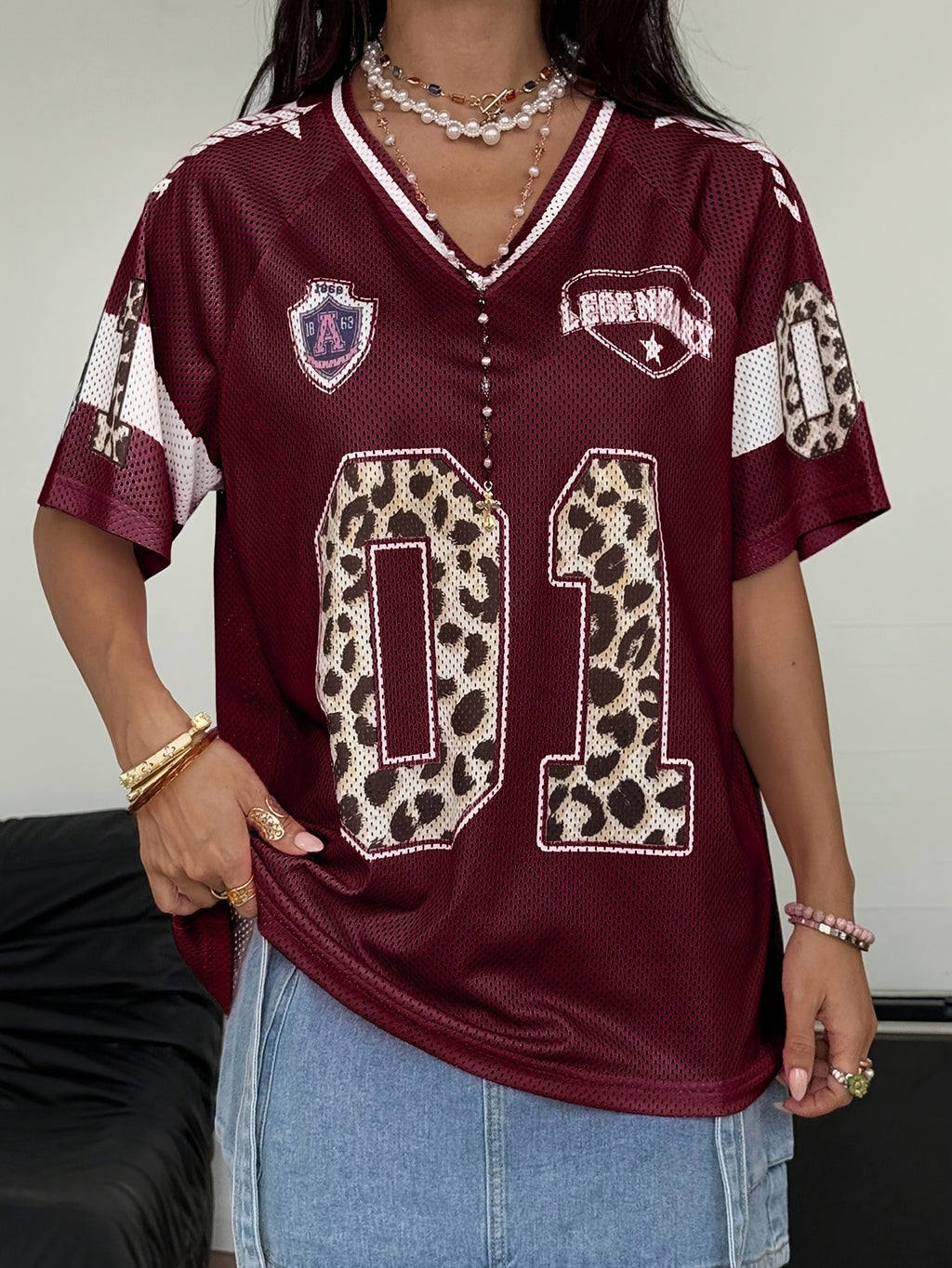 Women'S Street Music Festival All-Match Beach Track And Field Casual Athletic Tank Top Short Sleeve T-Shirt, Mesh Breathable Digital Print V-Neck Short Sleeve Athletic Top - Burgundy