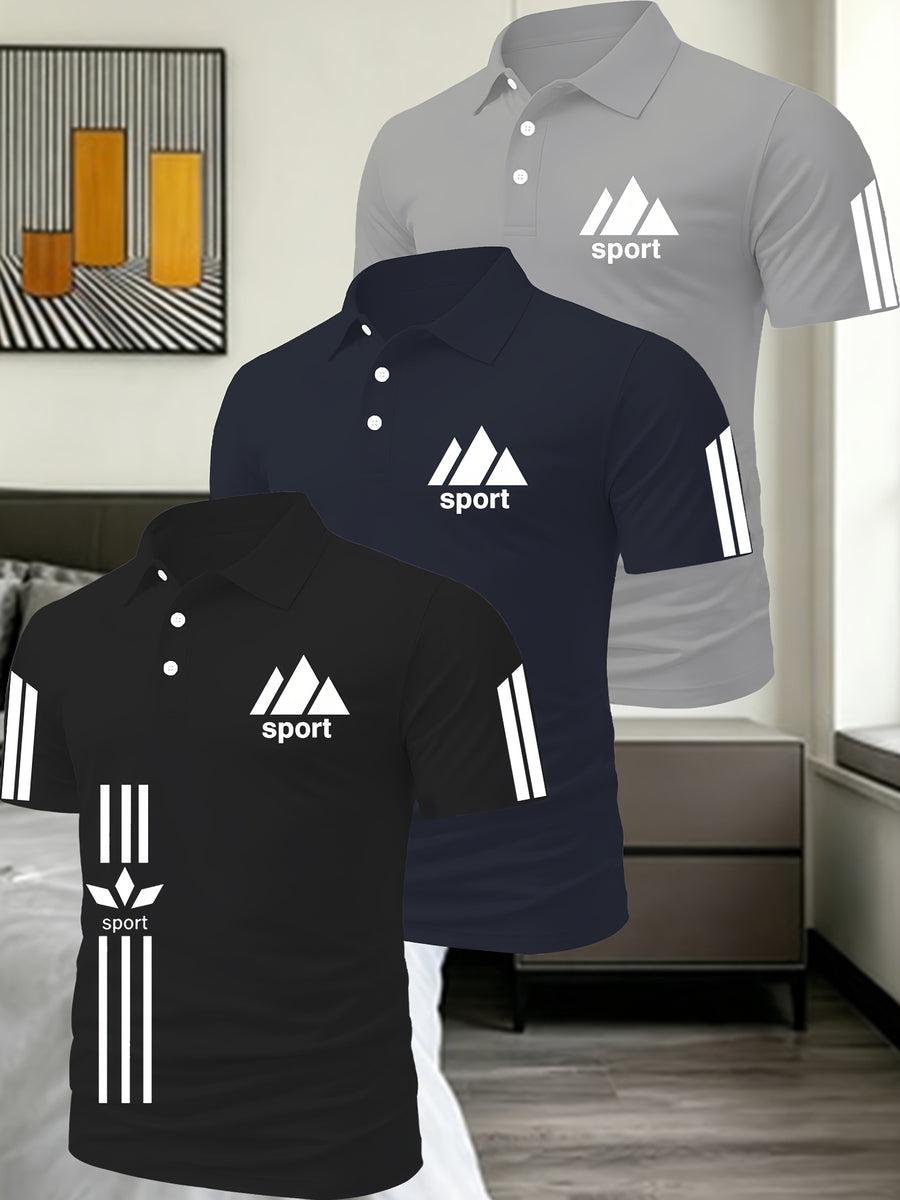 Light Luxury Men'S Solid Color Polo Shirt 3pcs Set Multi-Scene Golf Outfit Top - Black Gray Navy Blue