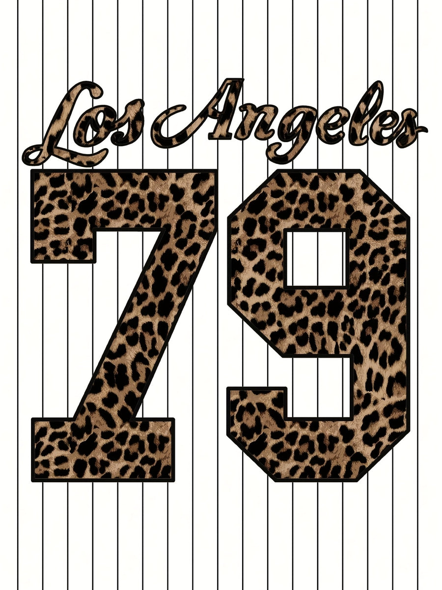 European and American V-neck Trendy Letter Print Sports T-shirt - Leopard Print