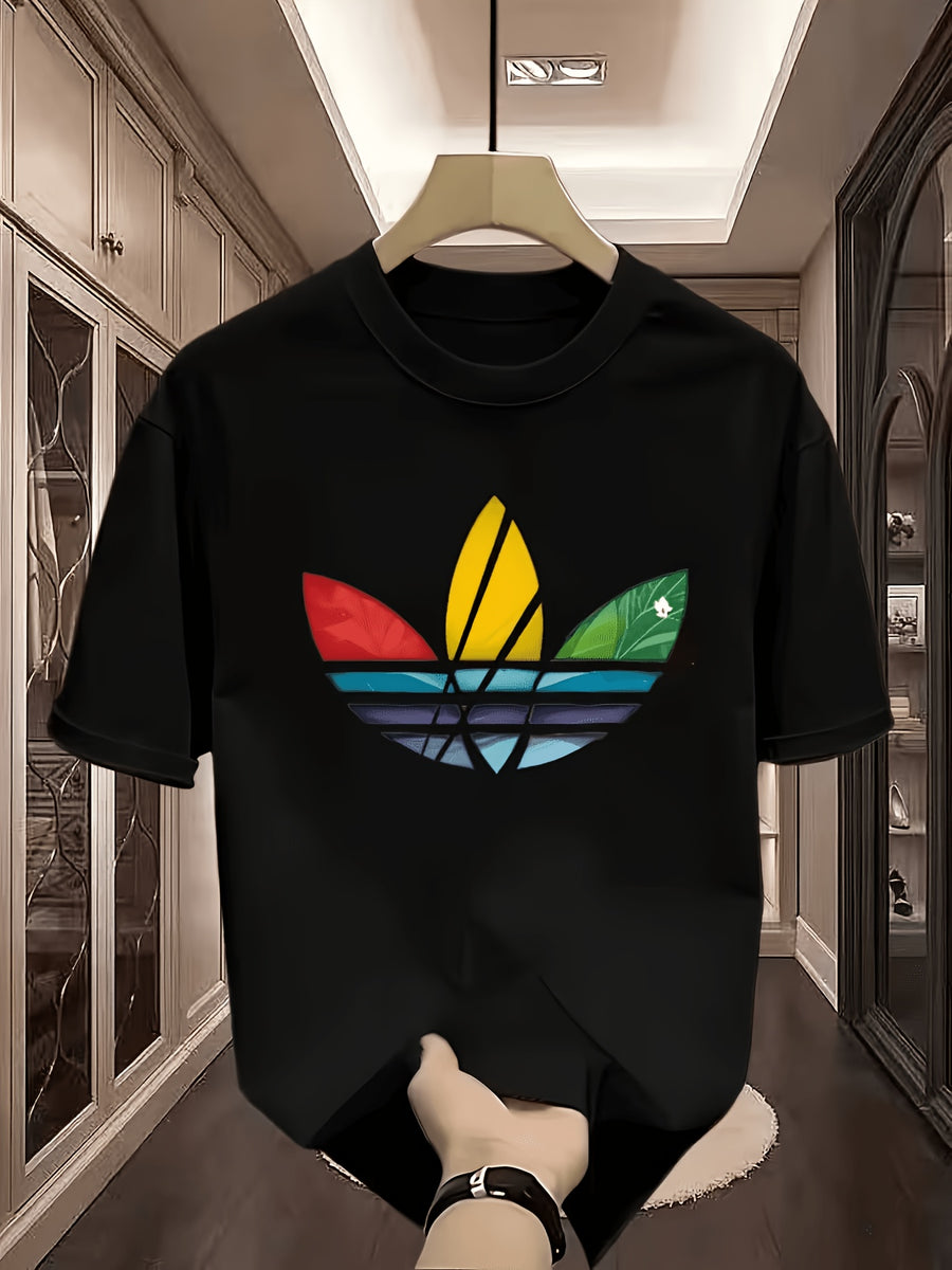 Men'S T-Shirt with Colorful Leaf Stripes Pattern Design Men'S Original Summer Casual Short Sleeve T-Shirt - Black