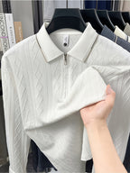 Men's Half-Zip Lapel Long-Sleeve Polo Shirt, Full-Rhombus Jacquard Texture, Contrast-Color Ribbed Collar, Simple Light-Luxury Top, for Business Receptions, Daily Commuting, Loose-Fit Men's Long-Sleeve T-Shirt - White