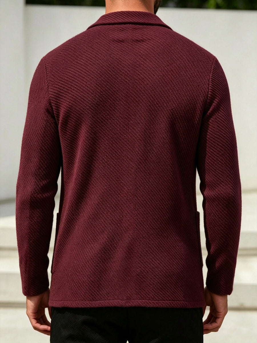 [Wading Whale OBM] 2pcs Men'S Spring Autumn New 2pcs Set, Pinstripe Texture Fabric Blazer Collar Cardigan Single Button Double Pocket Business Casual Versatile Long Sleeve Knit Jacket - Navy Blue+Wine Red