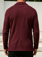 Whale Crossing OBM Men's New Spring, Autumn, and Winter Collection: Twill Textured Fabric Notched Lapel Cardigan, Single-Breasted with Double Pockets, Business Casual Versatile Long-Sleeve Knit Outerwear. Soft, Comfortable, and Stylish Solid-Colored - Burgundy