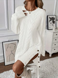 White Loose Twist Dress, Round Neck Long Sleeve, Side Button Slit Design, Comfortable and Warm, Fashionable Casual Style, Mid-Length for Elegant Appearance - White