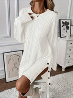White Loose Twist Dress, Round Neck Long Sleeve, Side Button Slit Design, Comfortable and Warm, Fashionable Casual Style, Mid-Length for Elegant Appearance - White