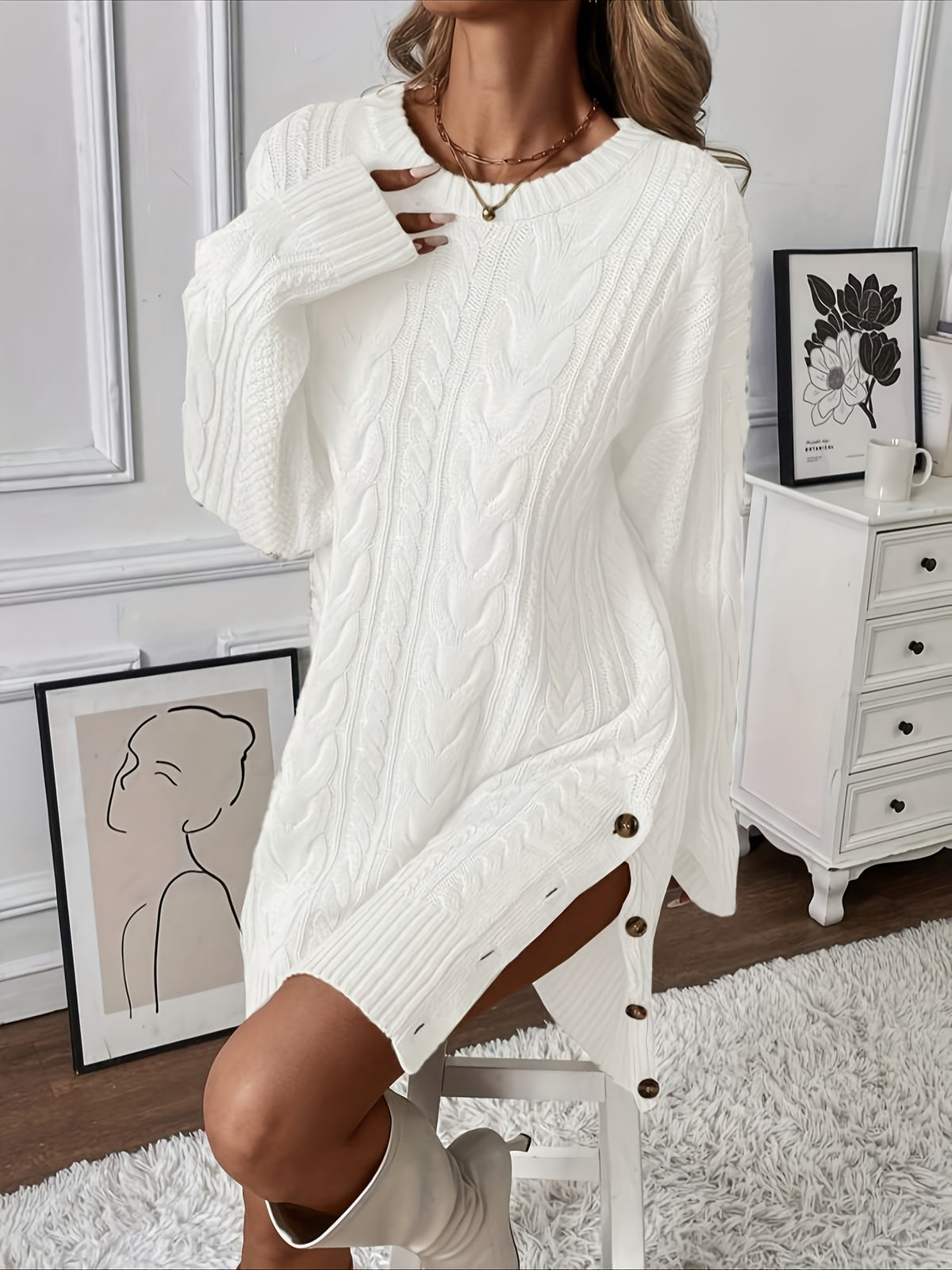 White Loose Twist Dress, Round Neck Long Sleeve, Side Button Slit Design, Comfortable and Warm, Fashionable Casual Style, Mid-Length for Elegant Appearance - White