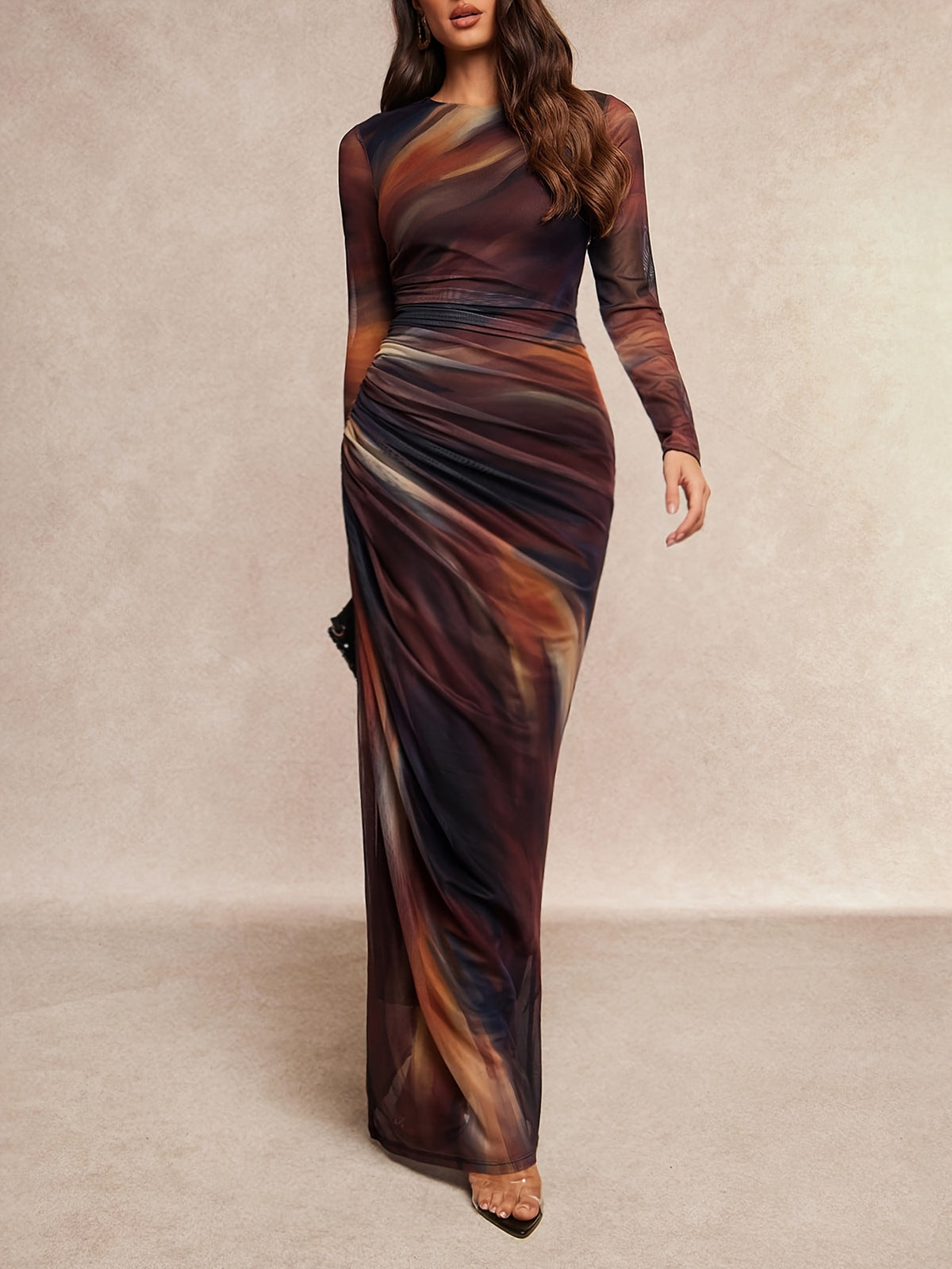 Elegant Special Women'S Mesh Gradient Ombre Printed Round Neck Long Sleeve Ruched Waist Long Dress, Spring Autumn Elegant Dress Suitable for Evening Parties, Dates, Birthday Gatherings, Red Carpet Styling, Mature Atmosphere Long Skirt [ZLLZ] - Light Brown-1